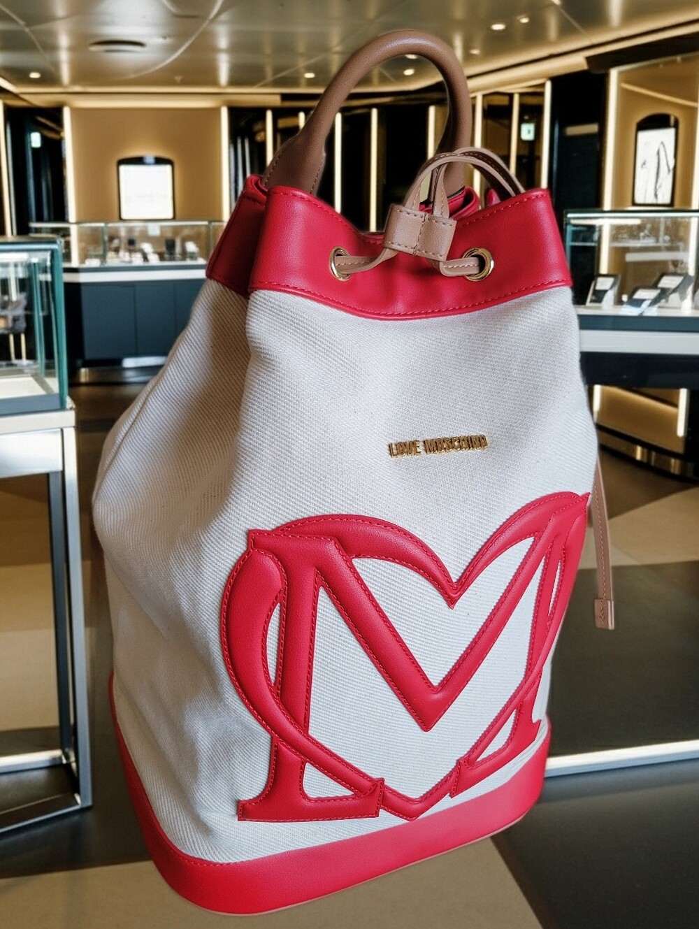 LOVE MOSCHINO Shoulder/Sling Borsa Canvas Naturale & PU Red - Picture 3 of 16
